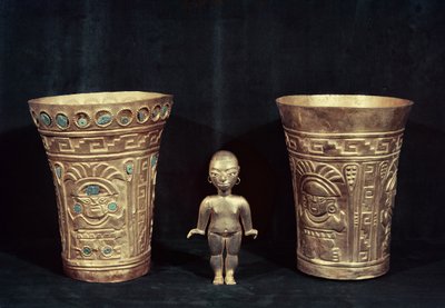 Two Chimu vases with mythological figures and a small female Mochica idol by Pre Columbian